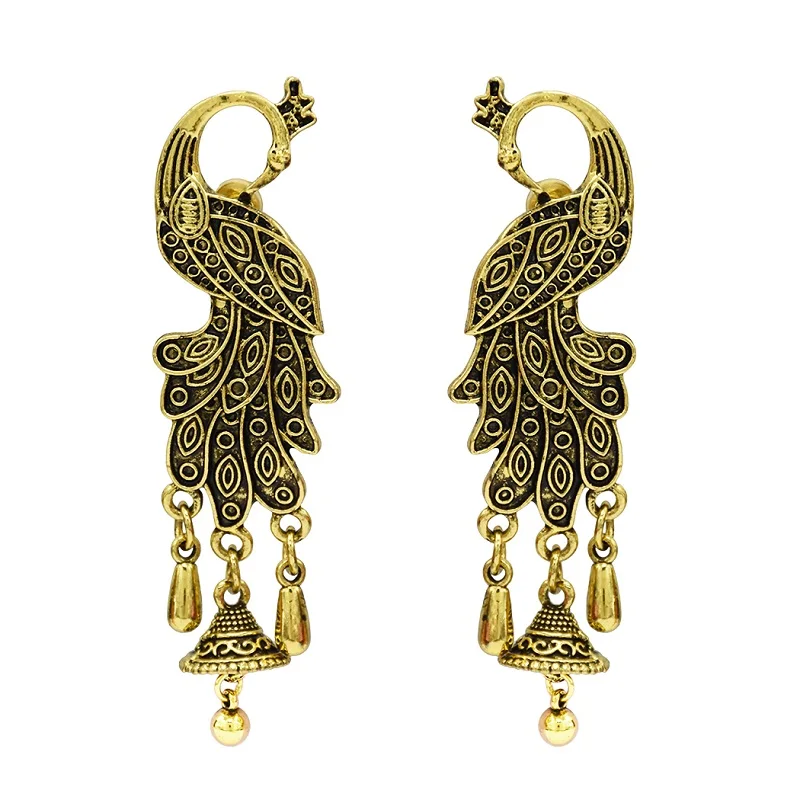 Индия, этно-стиль Ancient GOLD SILVER красивый Павлин Серьги-капли в форме птицы для Для женщин Исламская Египет Jhumka Винтаж Gypsy турка ювелирные изделия