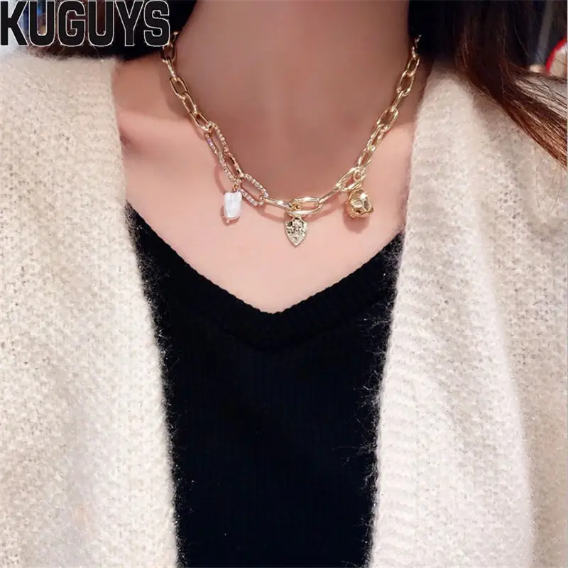 KUGUYS/модные украшения трендовая золотая цепочка из кристаллов ожерелье для