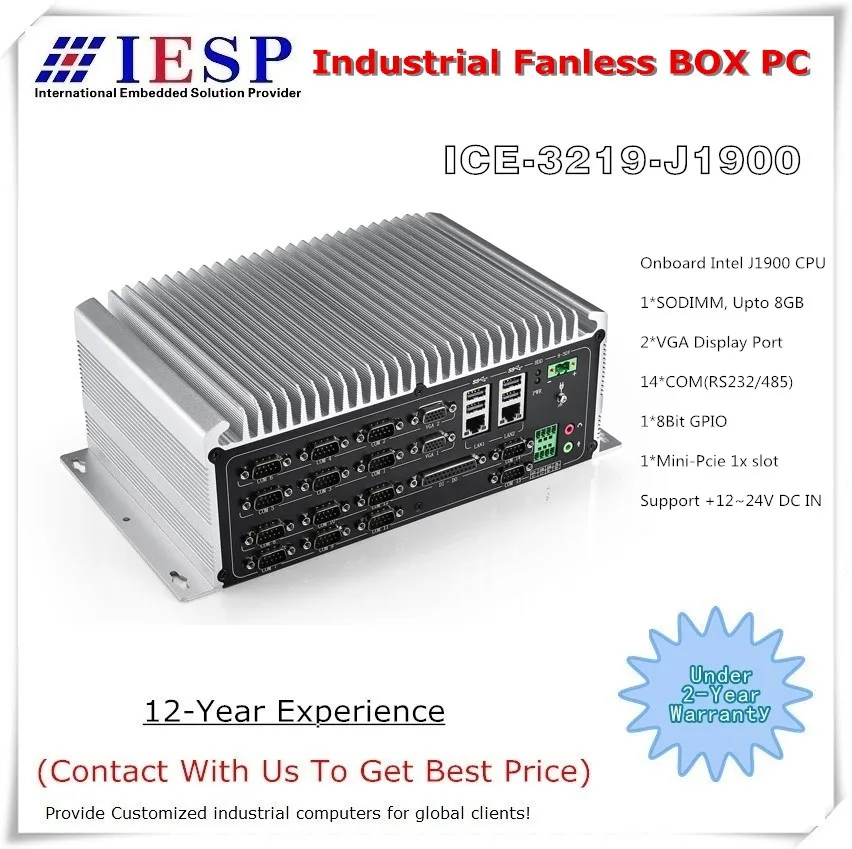 

Fanless Industrial Box PC, J1900 CPU, 14 * COM, 2 * I210 GLAN, Rugged Computer