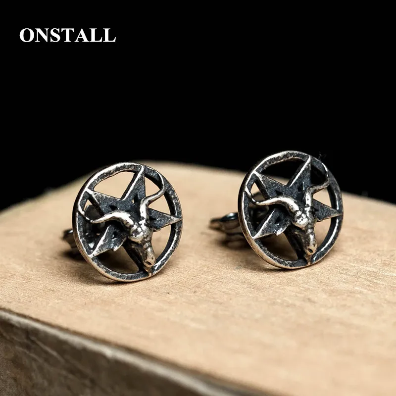 

ONSTALL Quality s925 sterling silver retro old Satan sheep head earrings unisex five-pointed star earrings jewelry 3095