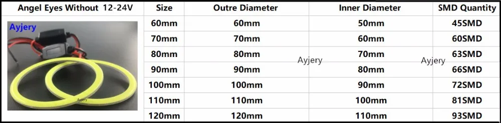 AYJERY 1 пара Автомобиль гало кольца COB 60 мм 70 мм 80 мм 90 мм 100 мм 110 мм 120 мм 12 V/24 V DC белый красные, синие желтый автомобиль, дневной свет светильник Ангельские глазки
