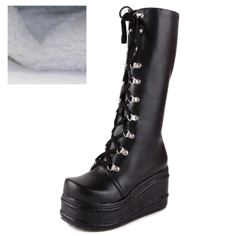 Black fur REAVE CAT/женские ботинки черного цвета повседневные сапоги до колена на платформе и высоком каблуке обувь в стиле панк, готика обувь для верховой езды на шнуровке QH3038 - Цвет: Black fur