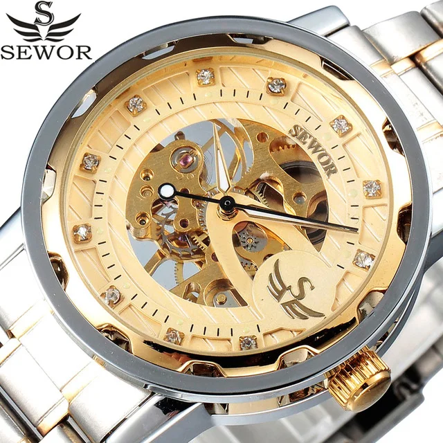 Мужские механические часы SEWOR брендовые золотистые скелетоны с ремешком из