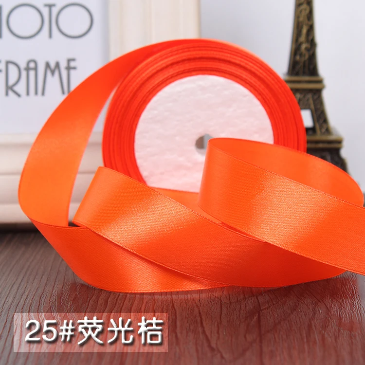 25 ярдов " 25 мм Свадебная атласная шелковая лента односторонние ленты Подарочная упаковка DIY аксессуары украшения Рождественская лента - Цвет: Fluorescent orange