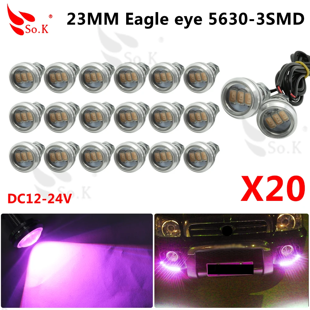 

20pcs 23mm Eagle Eye 5630 3 SMD LED 12V DRL Daytime Running Lights Pink Waterproof Car Auto Work Light Fog Lamp Parking Lights