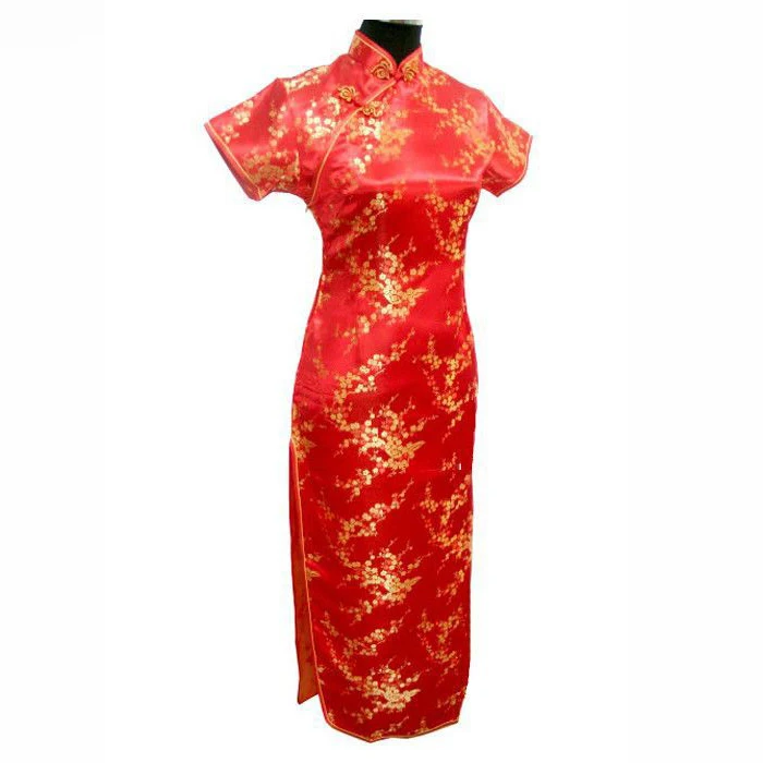 Черное традиционное китайское платье Mujer Vestido Женские атласные Qipao Мини Cheongsam цветочный размер S M L XL XXL XXXL 4XL 5XL 6XL J4039 - Цвет: Red - Long