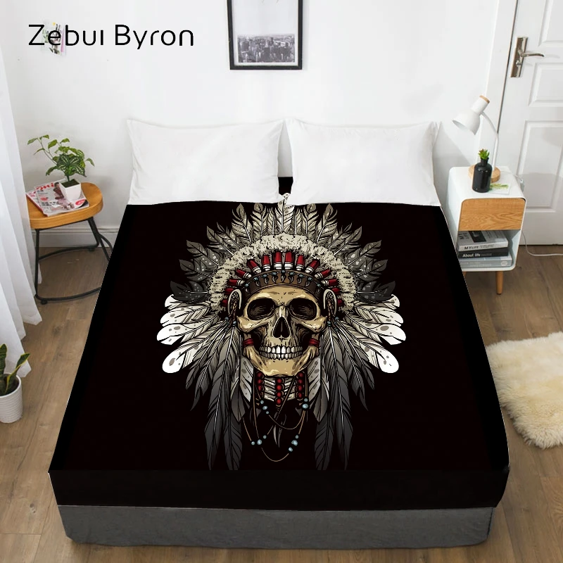 3D Custom Bed Sheets With Elastic,Fitted Sheet Queen/King,indian skull warrior Mattress Cover 135/150/160x200 bedsheet,drop ship