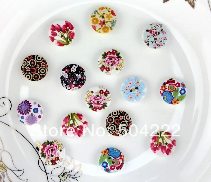 400pcs Multi Colors Buttons natural Wood buttons colorful flowers ornament 20mm with white back DIY floral painting eco friend | Дом и сад