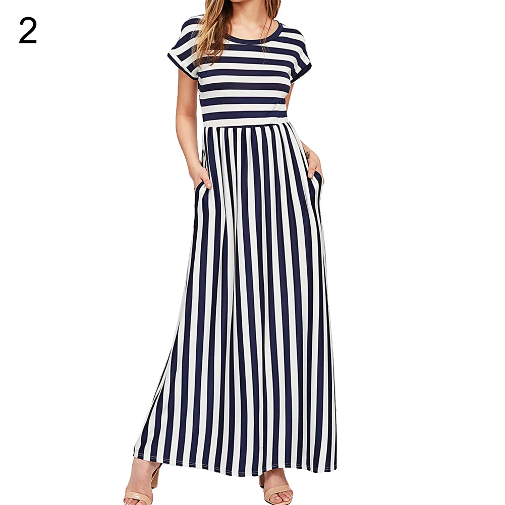 Модное летнее женское Полосатое повседневное удобное длинное платье макси с