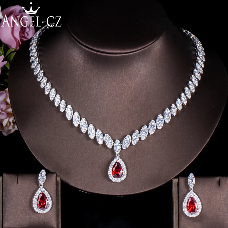 

ANGELCZ High Quality Indian Red CZ Party Jewelry For Women Sparkling Crystal Engagement Water Drop Earrings Necklace Sets AJ117