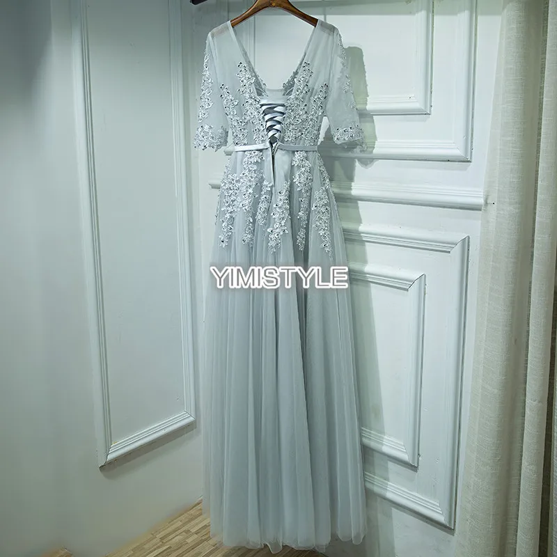 Элегантные светло серый аппликация кружево Тюль полурукав вечернее вечерние