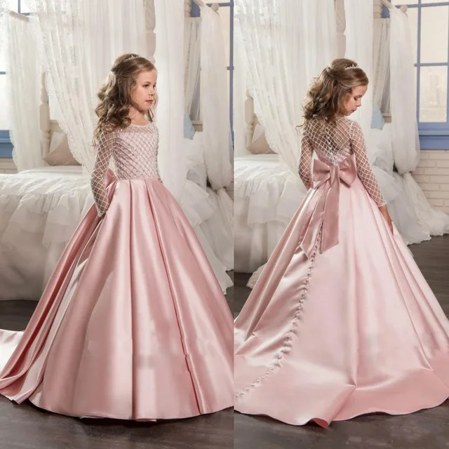 

Christmas Fancy Flower Girl Dress Floor Length Button Draped Pink Long Sleeves Tulle Ball Gowns for Kids Glitz 0-14Y