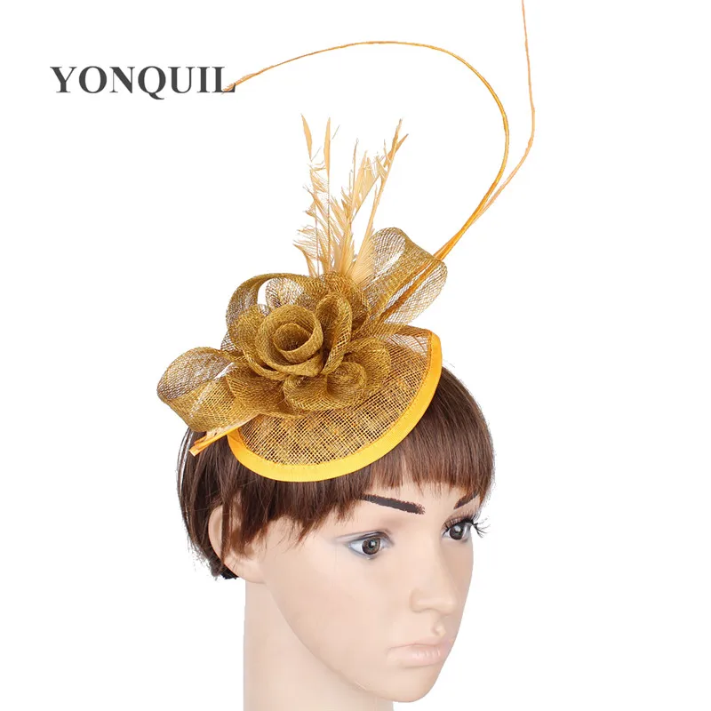 

Fashion Gold Fascinator Headbands Sinamay Hats For Elegant Women Derby Weddings Loop Headwear Quill Hair Accessories SYF234