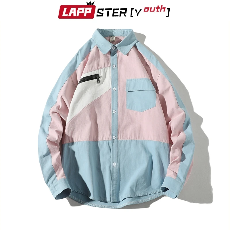 LAPPSTER мужские лоскутные Harajuku рубашки с длинным рукавом Мужская Уличная Корейская рубашка Повседневная розовая Модная рубашка на пуговицах 5XL