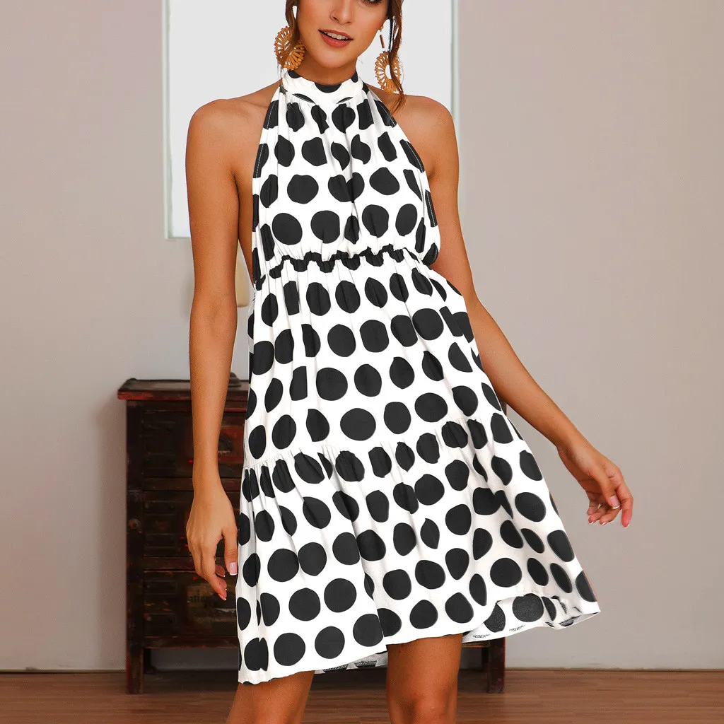 Женское платье 2019 летнее модное женское Бохо в горошек с лямкой через шею и