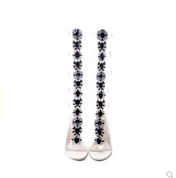as show Sawakku Gem Summer Shoes Woman Perspex High Heel Clear Boots PVC Buckle Straps Sandalias Crystal Knee High Gladiator Sandals - Цвет: as show