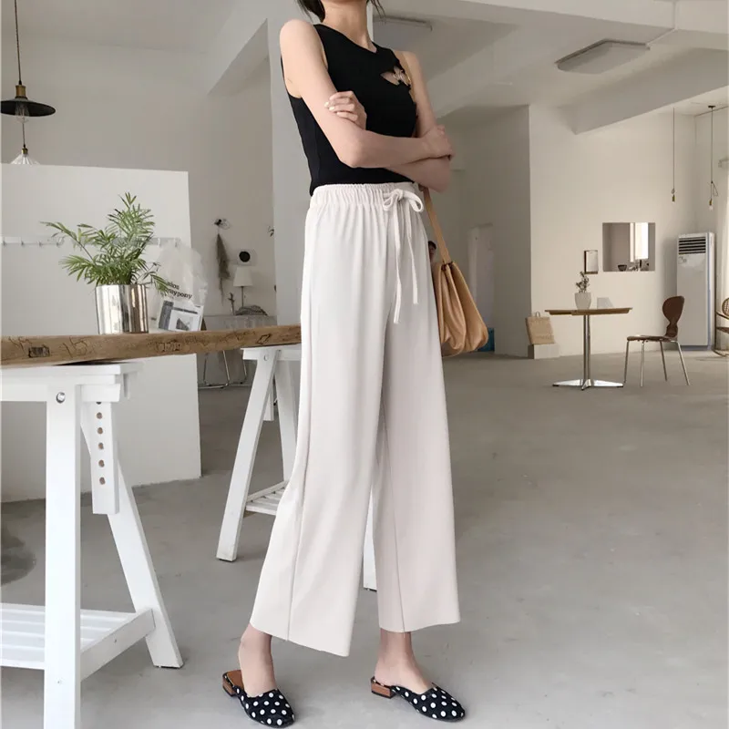 Pure Color Casual Lace Up Women Wide Leg Pants Loose High Waist Palazzo Black Ankle-Length Summer Trousers | Женская одежда