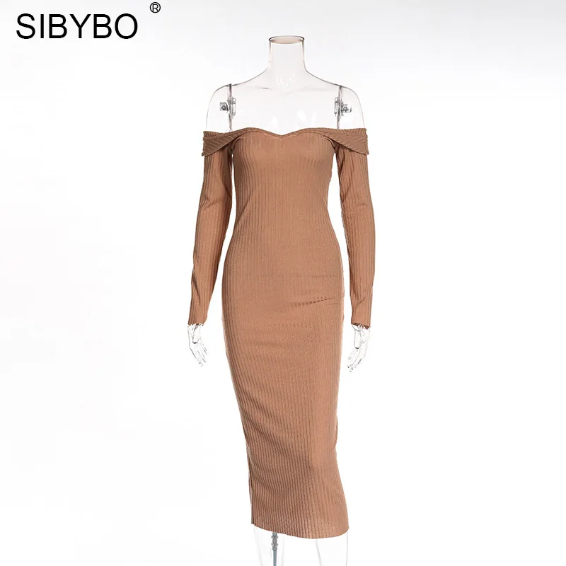 Женское длинное платье из хлопка Sibybo, вечернее платье с V-образным вырезом и открытыми плечами, с длинными рукавами, удобное прямое обтягивающее платье, для ношения осенью и зимой - Цвет: Хаки