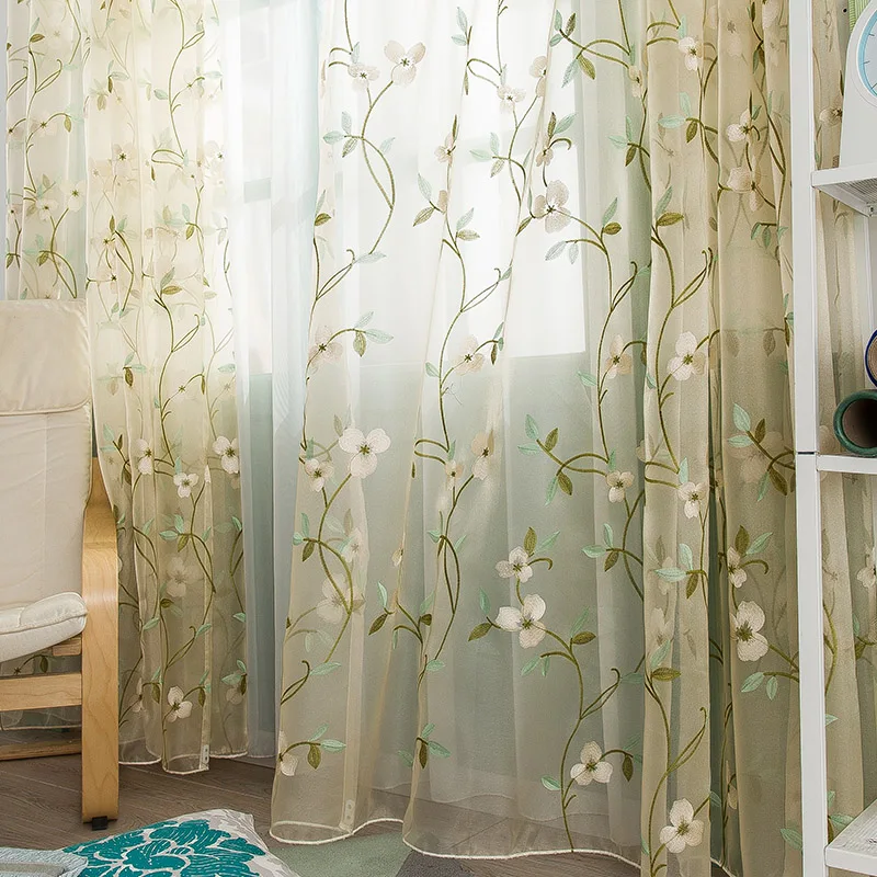 

Pastoral style embroidered bedroom tulle green leaves white voile for living room balcony kitchen curtains window curtain