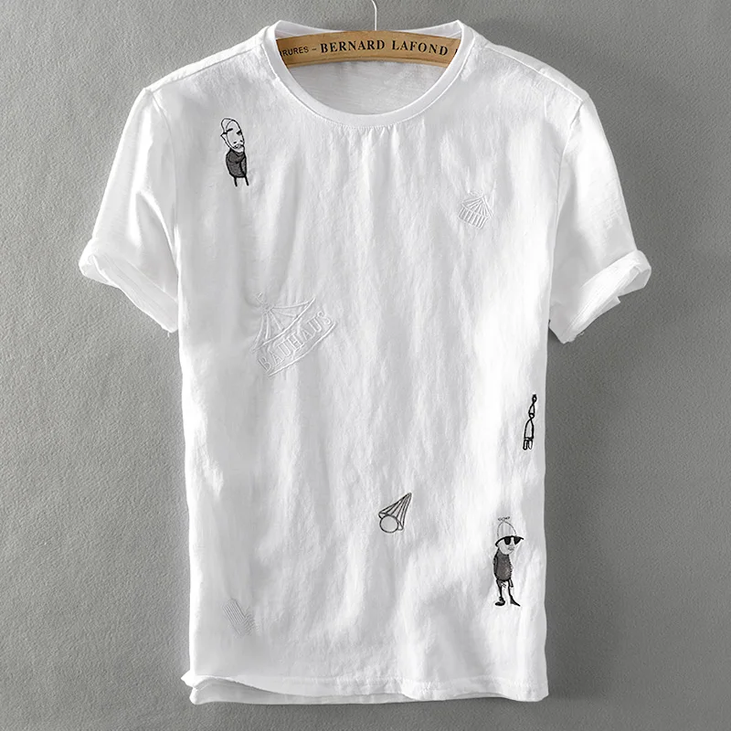2019 Новая Белая Льняная мужская футболка с мультяшной вышивкой и коротким рукавом