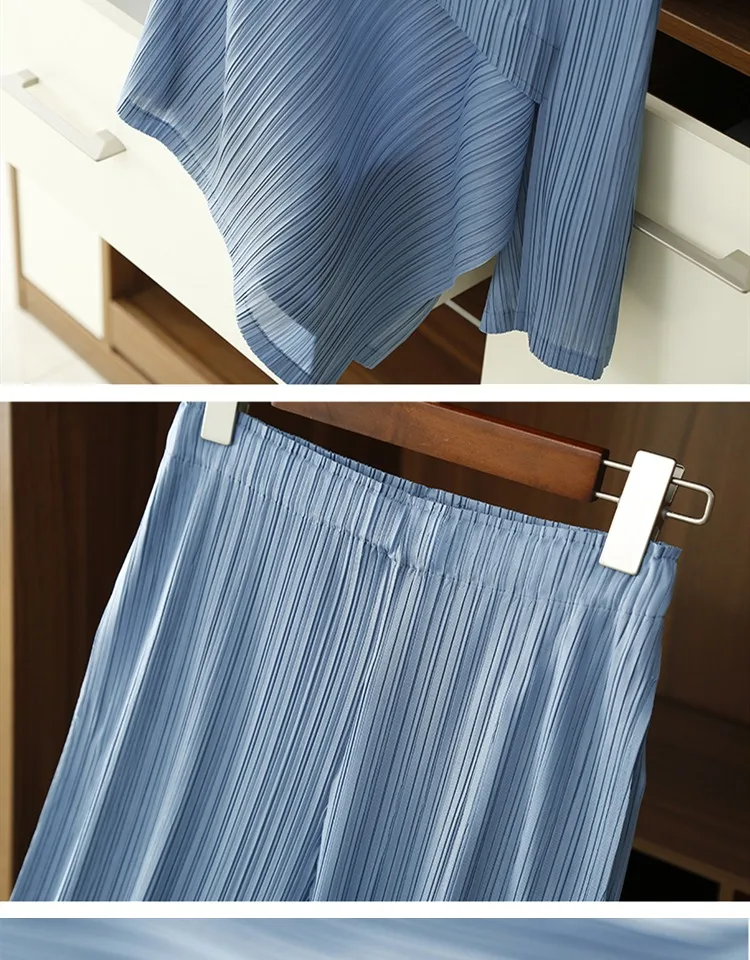 Changpleat летний женский комплект из двух предметов Miyak плиссированные модные однотонные футболки с круглым вырезом и штаны большие эластичные женские костюмы S9