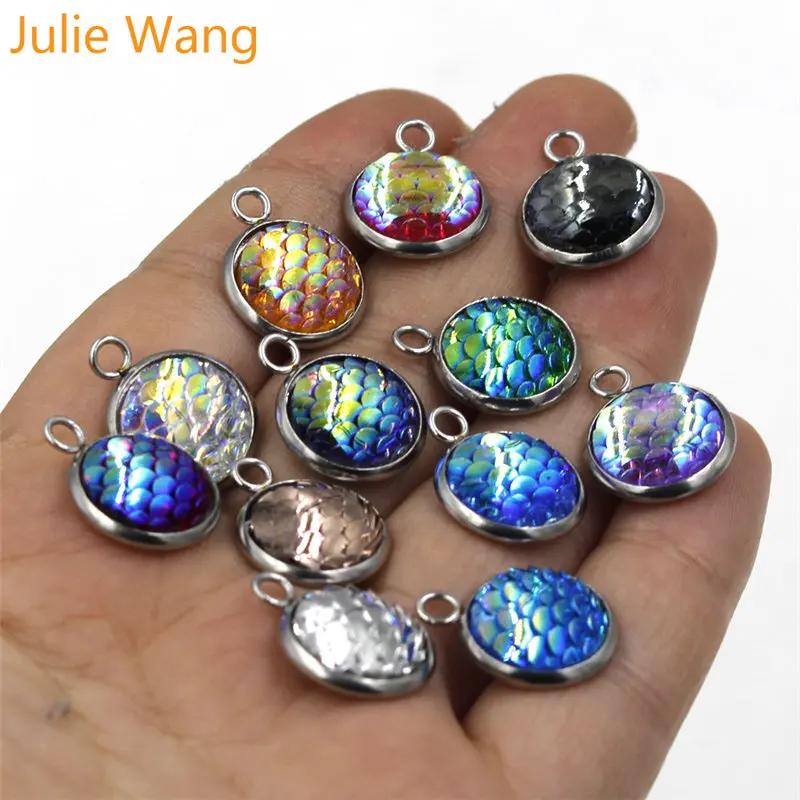 Julie Wang 12 шт. 12 мм чешуя Русалки Круглый Кабошон из смолы амулеты сплав основа для ожерелья кулон ювелирных изделий Аксессуары