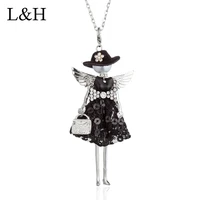 lovely rhinestone bow tie sequin dress doll pendant necklace long chain black hat angel wing girl necklace for women jewelry