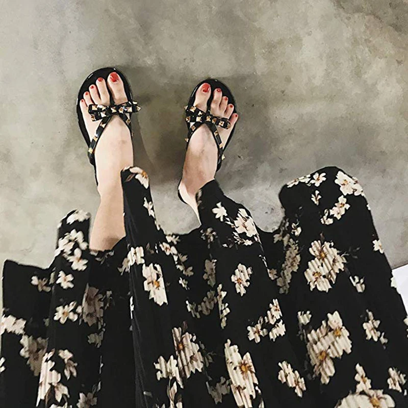 Сандалии желе женские с бантом водонепроницаемые без застежки плоская подошва