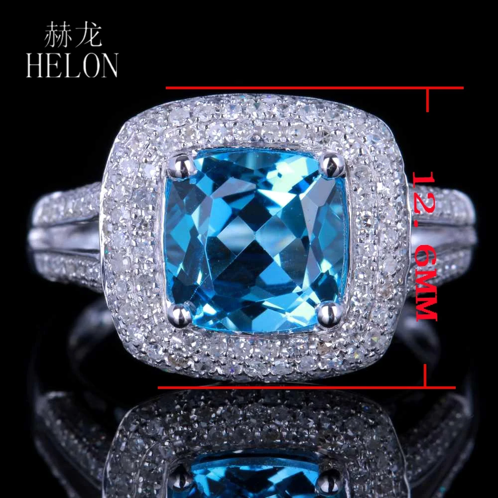 HELON Real 14K(AU585) белое золото сертифицированная Подушка 2.9ct Природный Голубой топаз Алмазы обручальные свадебные кольца вечерние ювелирные изделия