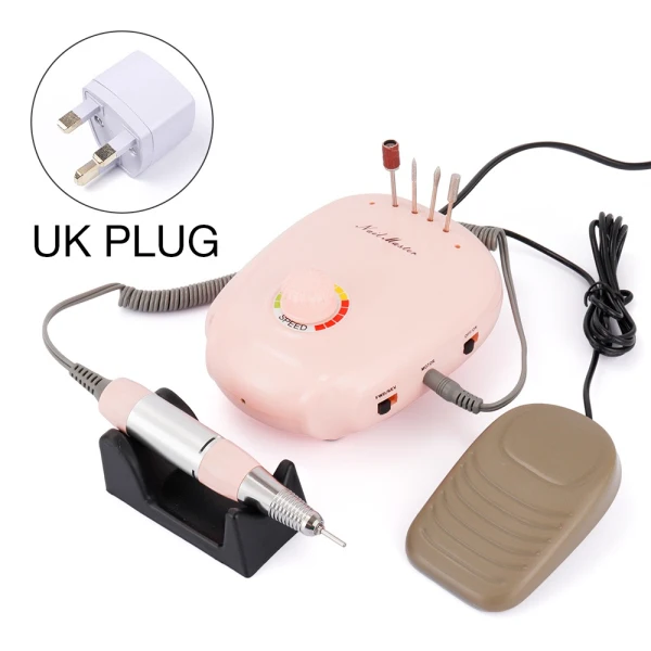UK Plug Розовая дрель для маникюра, 35000 об/мин, 20 Вт, электрическая дрель для ногтей, аксессуары для сверла машины, контроль скорости, педикюр, маникюрные инструменты - Цвет: UK Plug