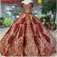 2019 luxury floor length queen dress red satin ball gown golden sequin lace party dresses real sample quinceanera dresses
