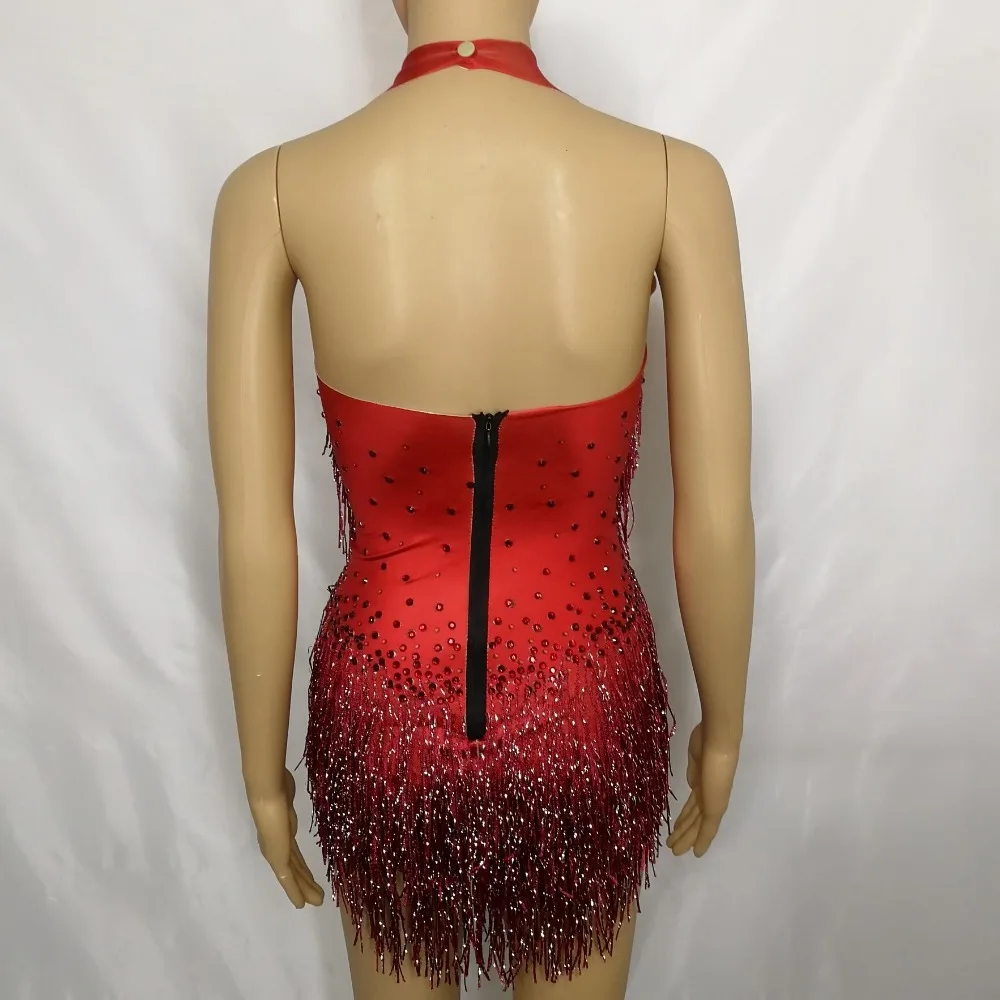 Female Dance Teams Jazz Stage Outfit Red Tassels Rhinestones Backless Bodysuit Nightclub Bar DJ Singer Latin Pole Dance Costume