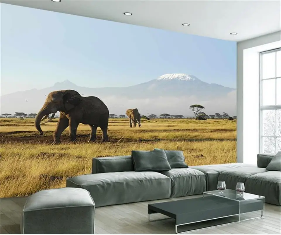 3d фото обои на заказ для гостиной Фреска африканская луга слон пейзаж картина фон