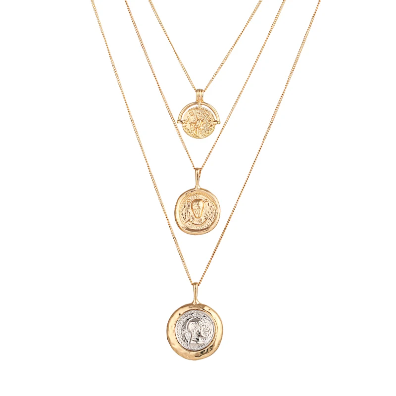 YMYW новое ожерелье Трендовое винтажный резной портрет круглые подвесные украшения набор серьги ожерелье персонализированные модные подвески - Окраска металла: 3 Layers Necklace