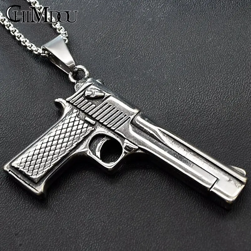 CHIMDOU punk hip hop boy man Pistol Handgun necklace men stainless steel long chain silver color colar jewelry | Украшения и