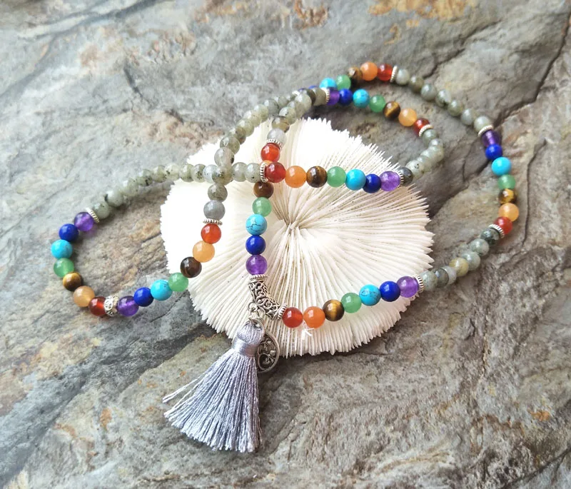 5 Strands Natural 7 Chakras crystal labradorite Stone Beads with Tassel Knot Handmade Boho Women Jewelry Necklaces NK101-6 | Украшения и