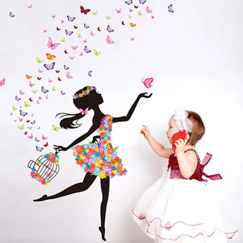 Изящные бабочки &amp Цветочная фея Танцы девушка Наклейки на стену стене Домашний