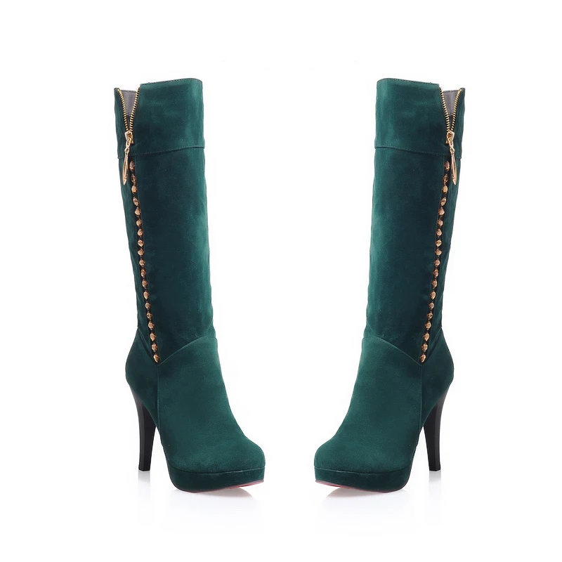 

Winter Women Lady Shoes Long Boots Knee High Boots Flock Platform Crystal Fleeces Zip Round Toe High Square Heels Big Size Solid