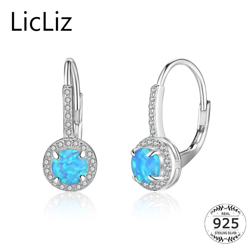

LicLiz 925 Sterling Silver Blue Opal Hoop Earrings Women Pierced Circle Earring Hoops Cubic Zirconia Loop Huggie Earrings LE0394