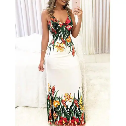 Women's Summer Long Dress V Neck High Waist Chic Floral Printed Casual Maxi Party Sundress | Женская одежда