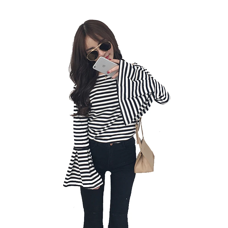 2017 летние женские расклешенные рукава в полоску Футболка Повседневная футболка