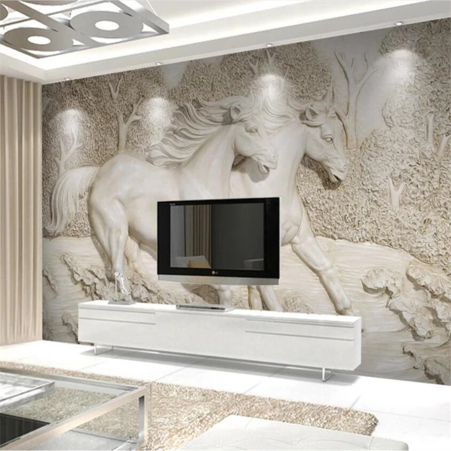 

Custom 3D stereo wallpaper papel de parede embossed white horse TV background wall living room bedroom clothing store wallpaper