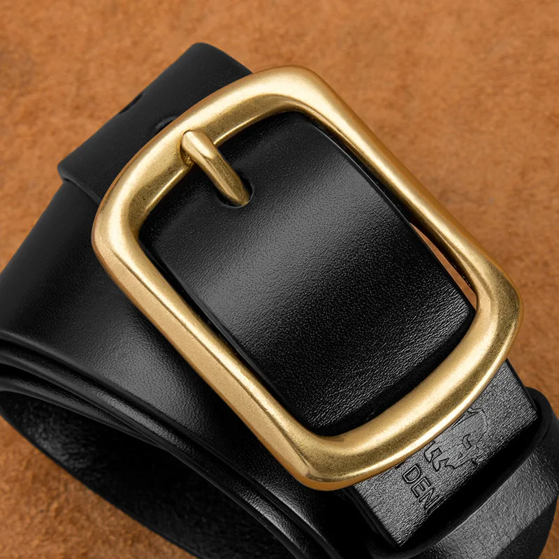 Мужской ремень из воловьей кожи BISON DENIM черный натуральной с медной пряжкой 2019 |