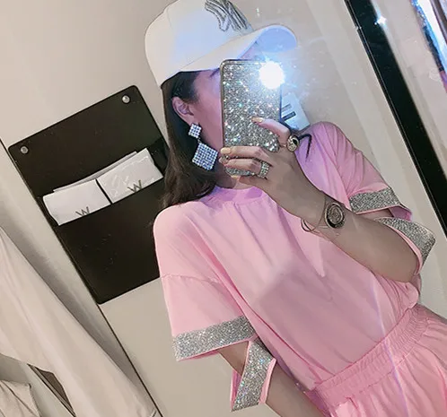 pink top Cakucool, новинка, повседневные футболки с круглым вырезом, футболки с коротким рукавом, женская одежда, Алмазное тиснение, летняя футболка, топ, повседневный блестящий топ, Femme - Цвет: pink top