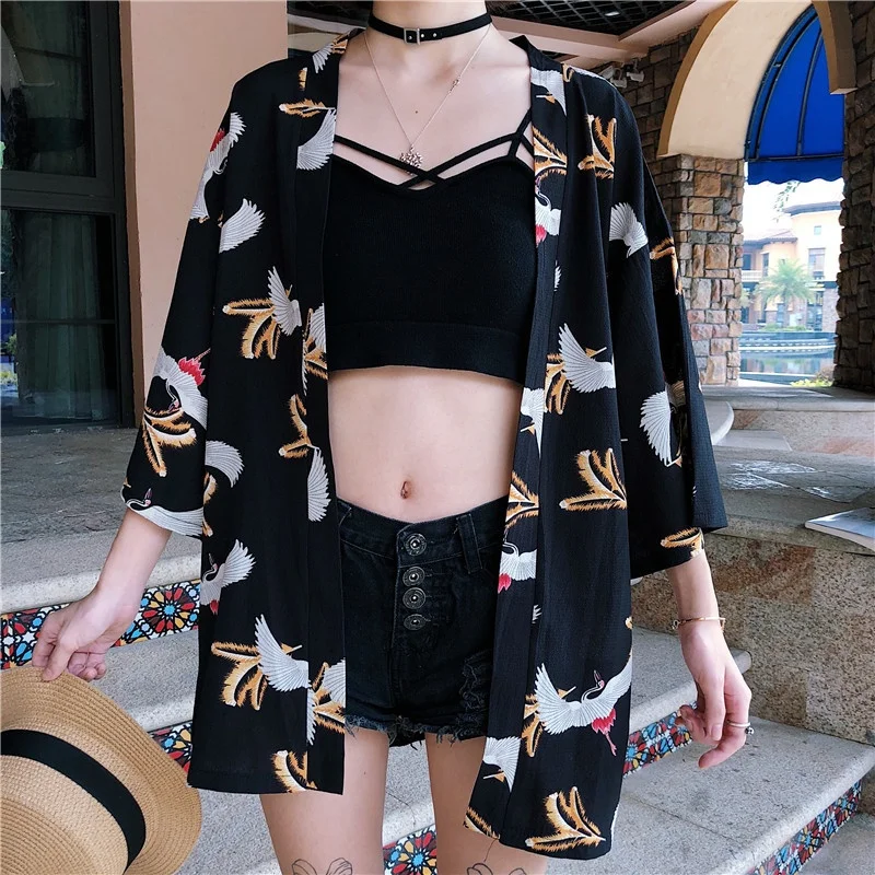 Harajuku летняя Новинка корейский Ulzzang журавль принт юката кимоно верхняя одежда