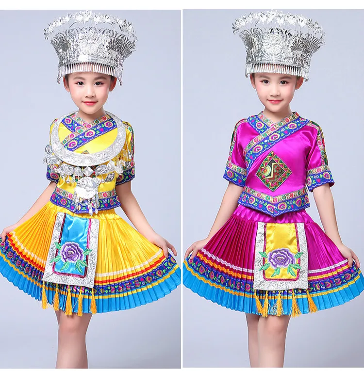 Китайский народный танец костюм детский Hmong китайский национальный танец костюм девушки Miao танцевальный костюм для сценических выступлений