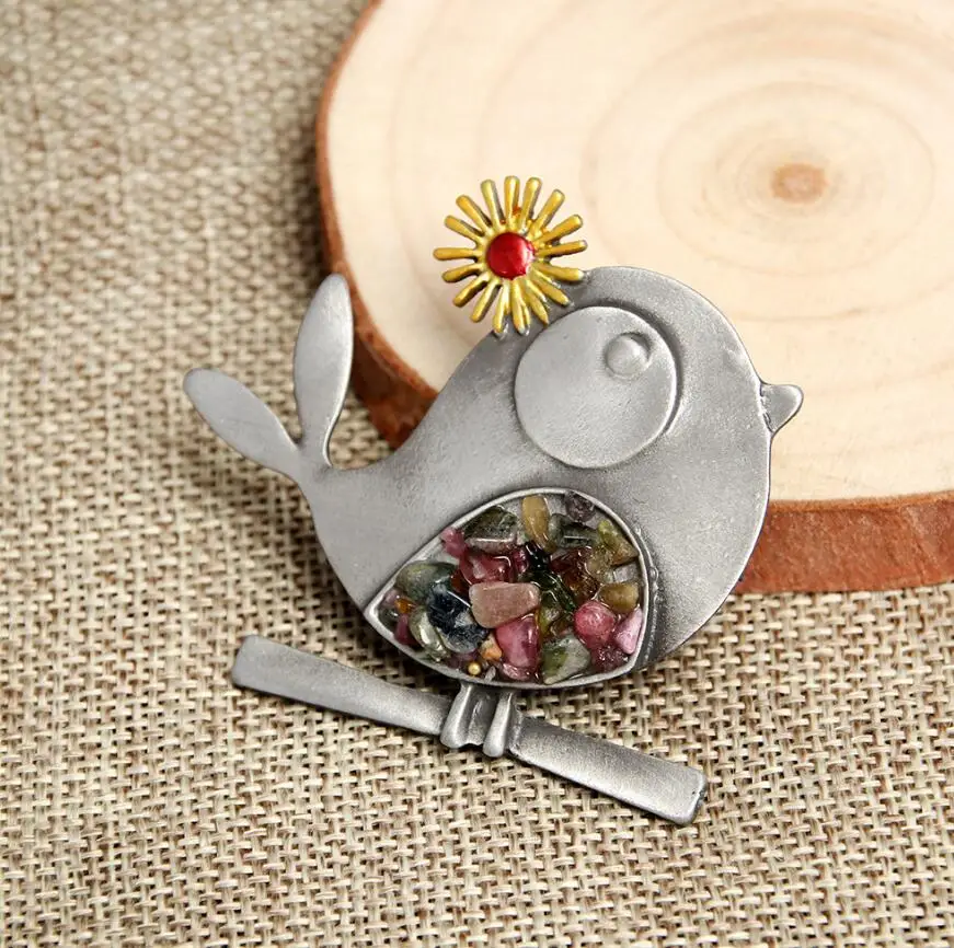 Cute Bird Brooches Ancient Tin/Verdigris Patina Animal Stone Brooch Pins Gifts Dress Jewelry | Украшения и аксессуары