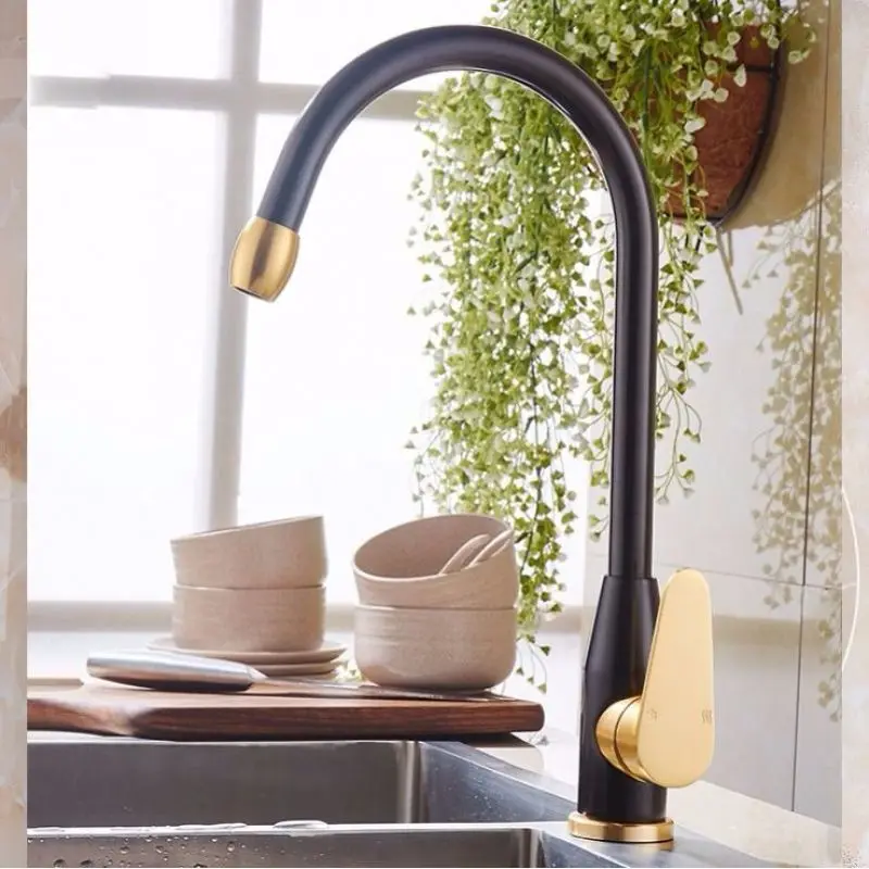 Black and Gold Смеситель для кухни, алюминиевый, золотой, с одной ручкой, для горячей и холодной воды, для раковины, смесителя, кран для воды с вращением на 360 градусов - Цвет: Black and Gold