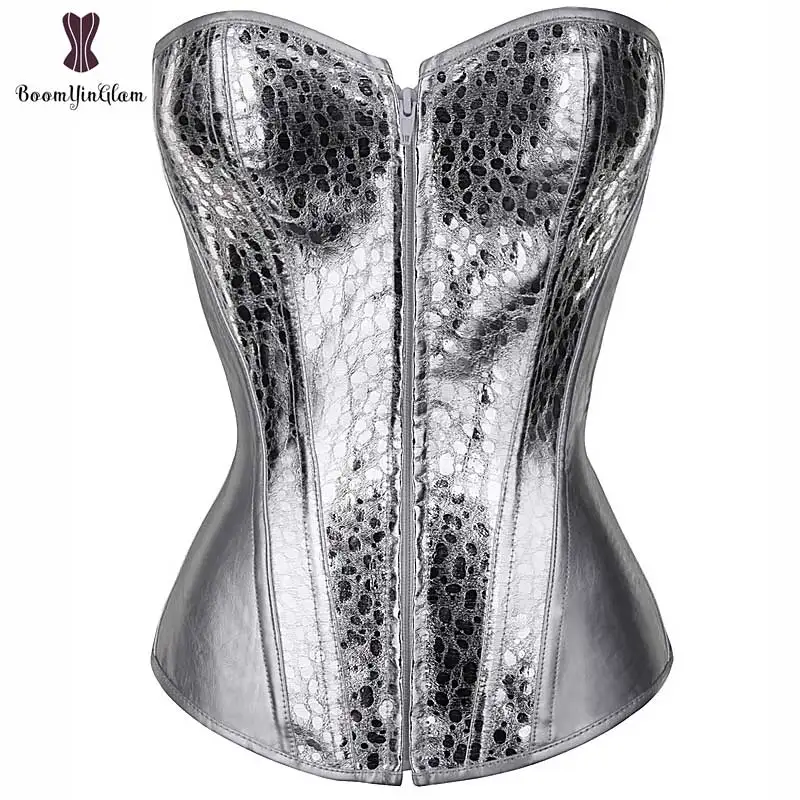 856 half silver Серебряный корсет Топ Блестящий мерцающий искусственная кожа овербюст бюстье передняя молния Blink Corselet эластичная косточка Клубная одежда в готическом стиле Korset - Цвет: 856 half silver