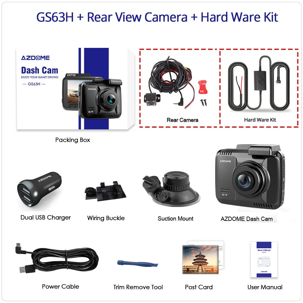GS63H-RVC-HWK AZDOME GS63H 4K Встроенный gps WiFi видеорегистратор Двойной объектив Автомобильный видеорегистратор Камера заднего вида видеокамера видеорегистратор ночного видения - Название цвета: GS63H-RVC-HWK